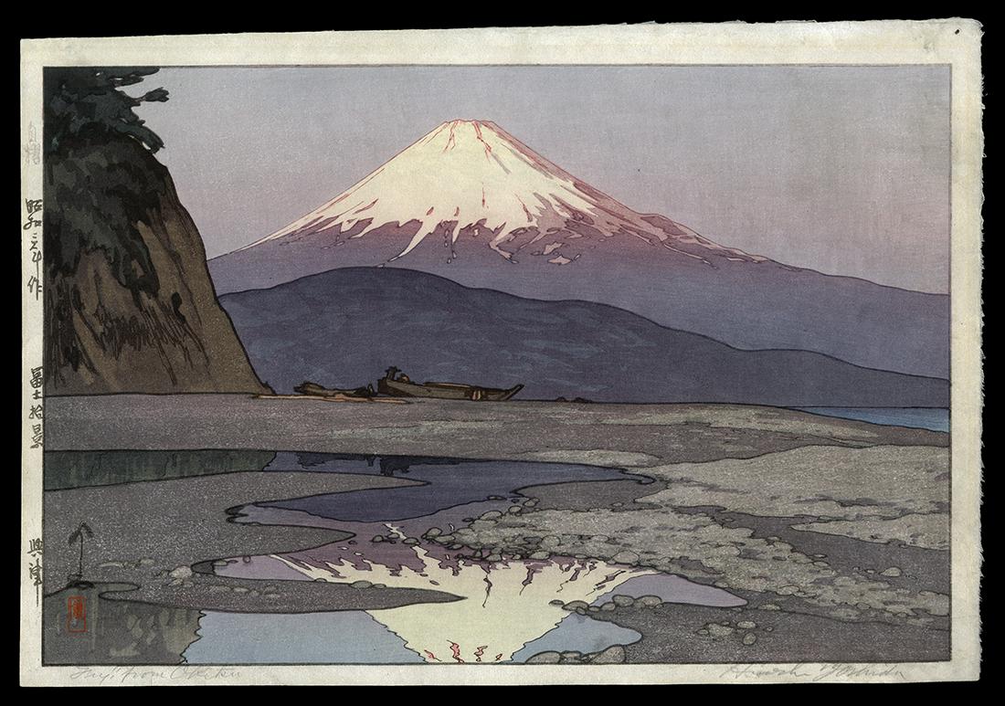 Hiroshi Yoshida Woodblock - Fujiyama from Okitsu: Artist: Yoshida, Hiroshi, 1876-1950 Title: Fujiyama from Okitsu Series: Ten Views of Fuji Date: 1928 Medium: Japanese woodblock print Image Size: 9 3/4 x 14 3/4 inches<