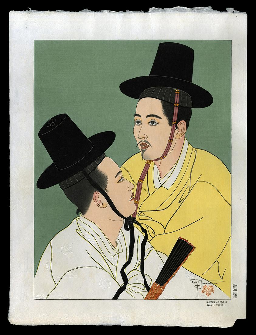Paul Jacoulet Woodblock - M. Keen et M. Lee Seoul: Artist: Jacoulet, Paul, 1902-1960 Title: M. Keen et M. Lee Seoul, Coree Edition: PJ Seal Date: 1951 Medium: Japanese woodblock print Image Size: 15 1/2 x 11 3/4 inches<