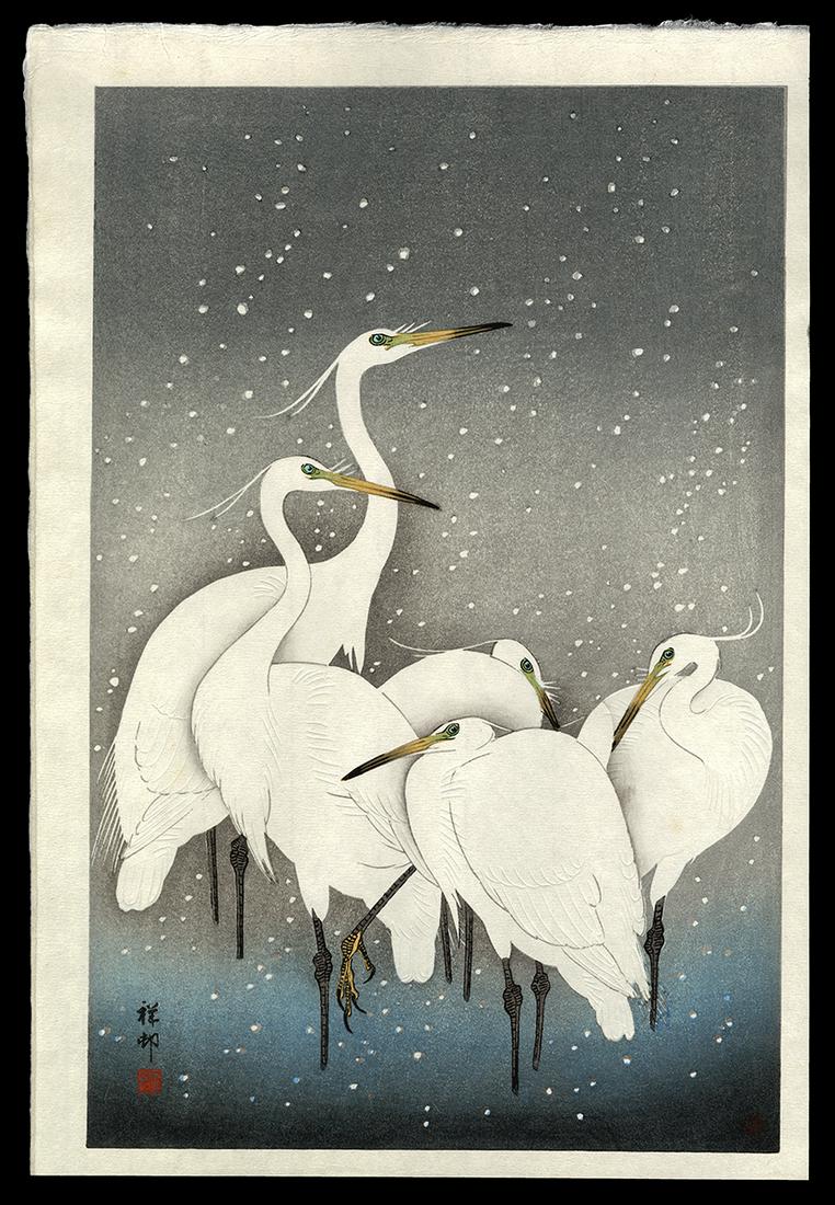 Ohara Shoson Woodblock - Group of Egrets (1 of 2)