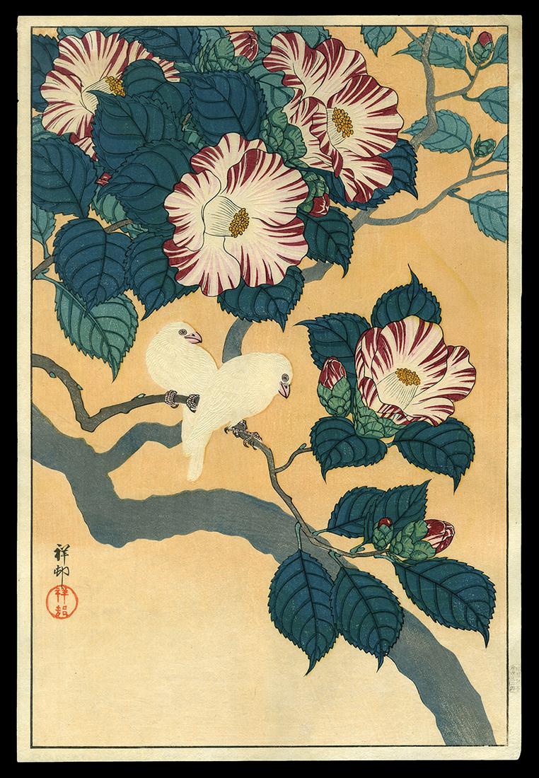 Shoson Woodblock - Two Small Parrots on a Twig (1 of 2)