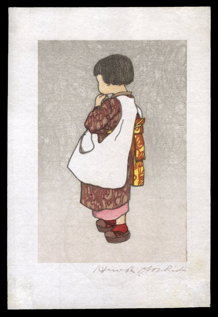 Hiroshi Yoshida Woodblock - Child: Artist: Yoshida, Hiroshi, 1876-1950 Title: Child Date: c. 1950s Medium: Japanese woodblock print Image Size: 6 x 4 inches Notes: The image is the young girl in the fore