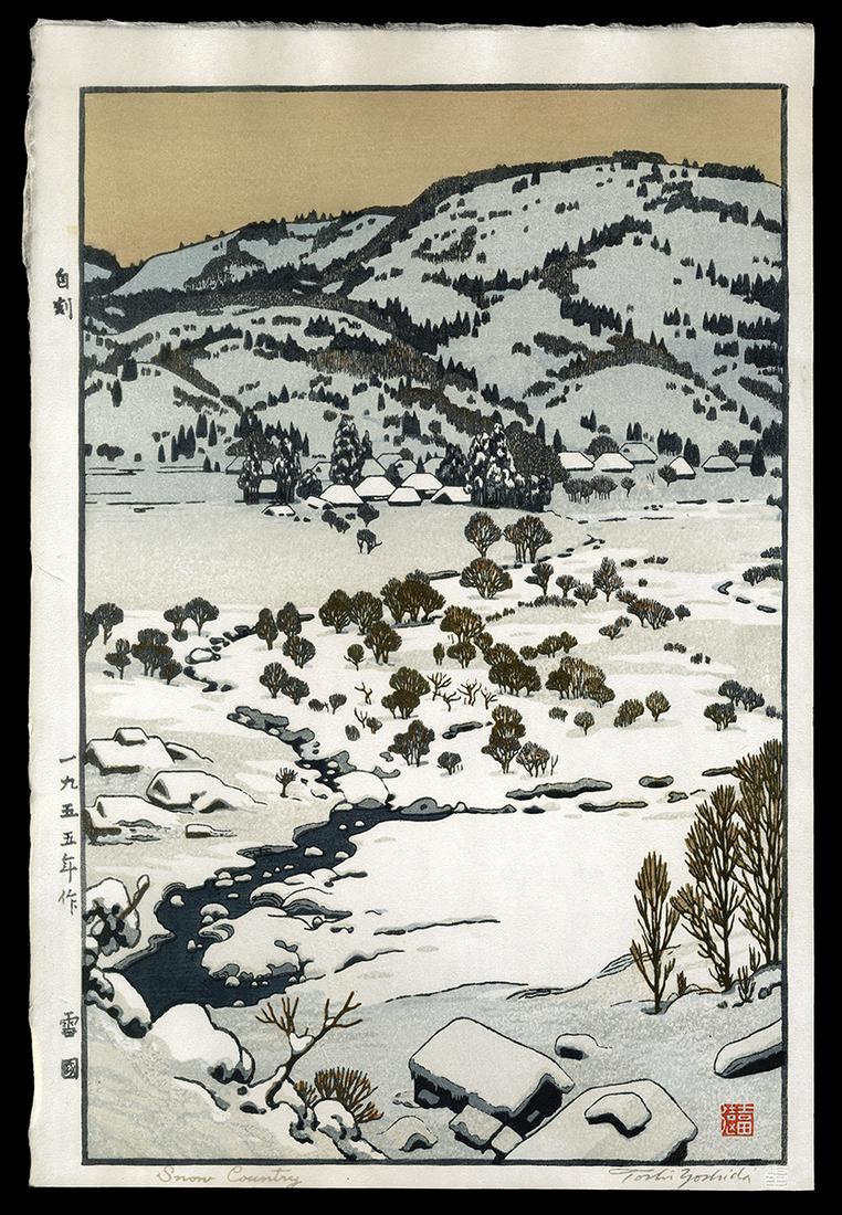 Toshi Yoshida Woodblock - Snow Country: Artist: Yoshida, Toshi, 1911-1995 Title: Snow Country Edition: Raised Seal Edition Date: 1955 Medium: Japanese woodblock print Image Size: 14 5/8 x 9 5/8 inches