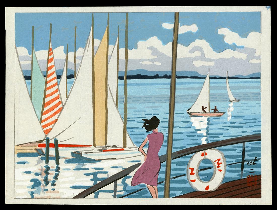 Kenji Kawai Woodblock - Sailboats on Lake Biwa (1 of 2)