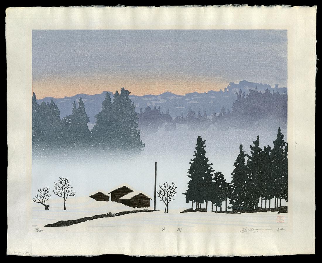 Shufu Miyamoto Woodblock - Purple Village: Artist: Miyamoto, Shufu, b. 1950 Title: Purple Village Edition: 134/50 Date: undated Medium: Japanese woodblock print Image Size: 13 7/8 x 18 inches Notes:</