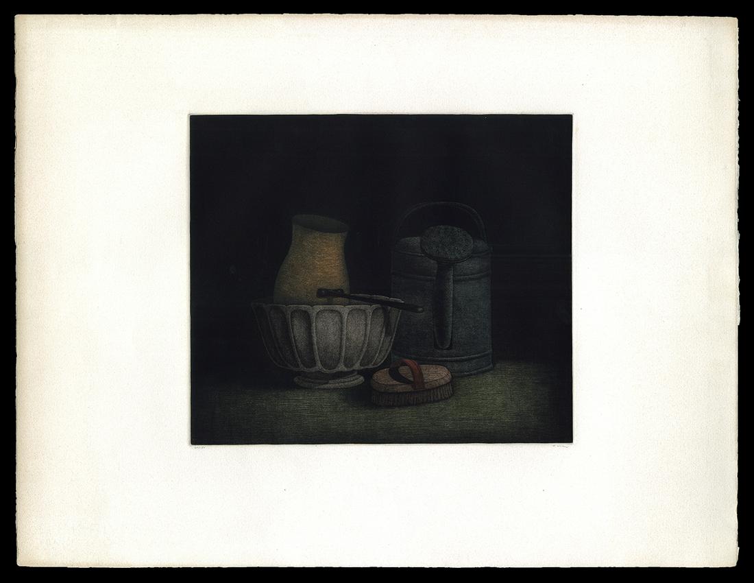 Tomoe Yokoi Mezzotint - Watering Jug and Brush: Artist: Yokoi, Tomoe, b. 1943 Title: Watering Jug and Brush Edition: 125/150 Date: undated Medium: mezzotint Image Size: 11 7/8 x 13 5/8 inches Notes: Pe