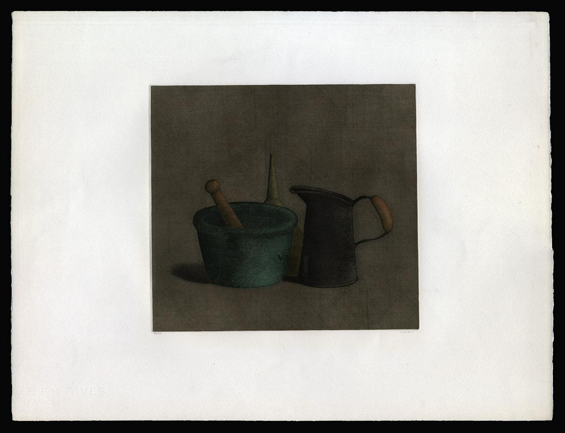 Tomoe Yokoi Mezzotint - Mortar, Pestle and Funnel: Artist: Yokoi, Tomoe, b. 1943 Title: Mortar and Pestle with Funnel Edition: 38/150 Date: undated Medium: mezzotint Image Size: 11 7/8 x 12 3/4 inches Notes:<
