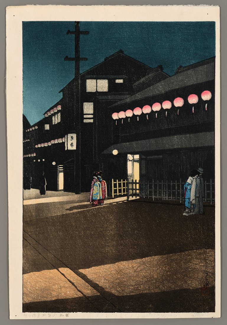 Hasui Woodblock - Evening at Soemon-cho, Osaka: Artist: Hasui, Kawase, 1883-1957 Title: Evening at Soemon-cho, Osaka Series: Collection of Scenic Views of Japan II, Kansai Edition Date: 1933 Medium: woodblock Image Size: