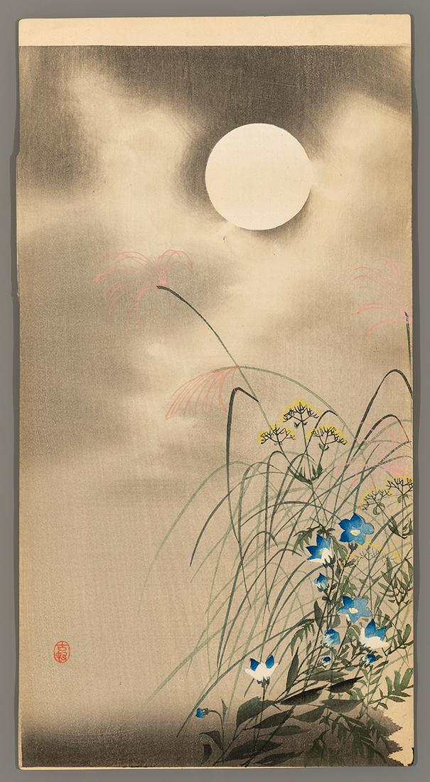 Koson Woodblock - Autumn Grasses, Flowers and Moon: Artist: Koson, Ohara, 1877-1945 Title: Autumn Grasses, Flowers and Moon Date: c. 1910 Medium: woodblock Image Size: 13 5/8 x 7 3/8 inches Illustrated: CCC, pl. K43.3