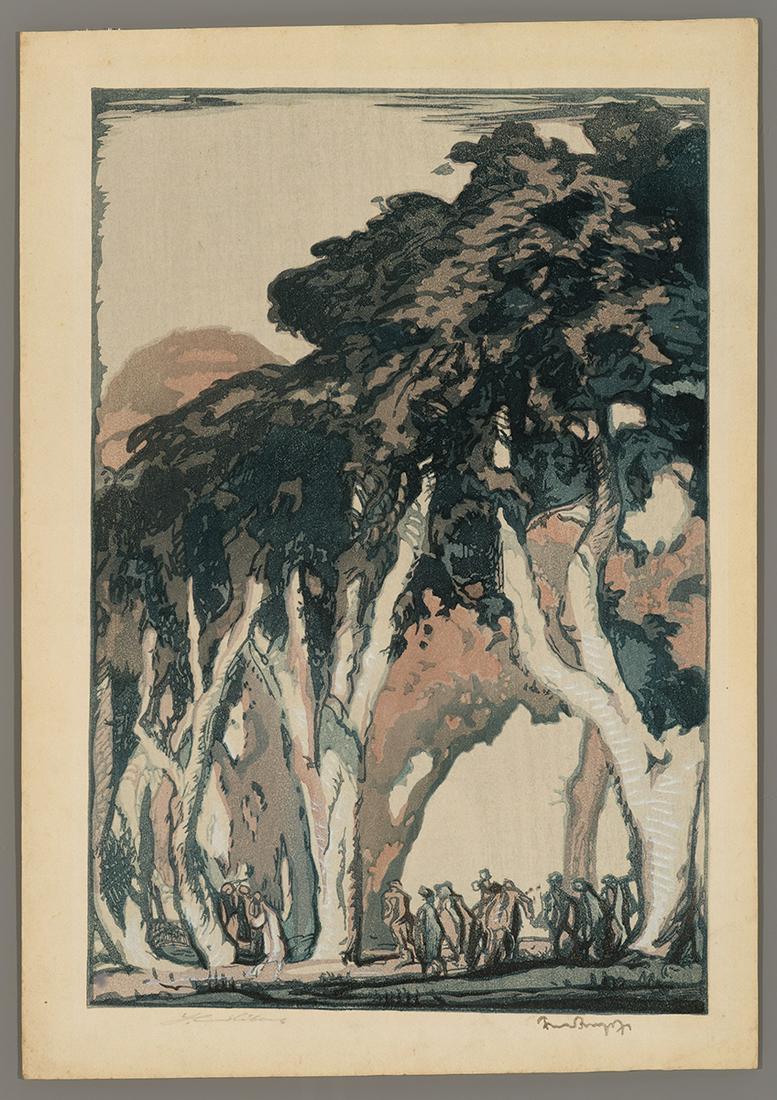 Urushibara &  Brangwyn Woodblock - Wall of Avignon (1 of 2)