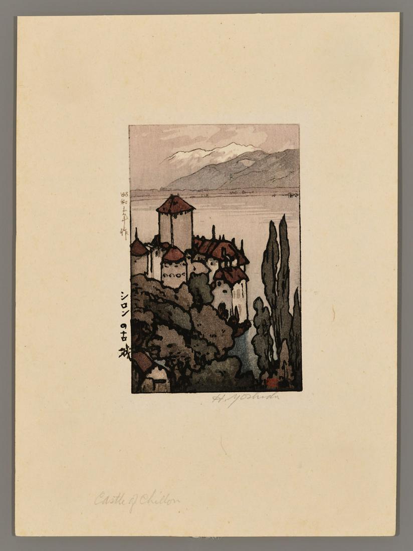 Hiroshi Yoshida Woodblock - Castle of Chillon: Artist: Yoshida, Hiroshi, 1876-1950 Title: Castle of Chillon Date: 1928 Medium: woodblock Image Size: 5 1/8 x 3 1/4 inches Illustrated: Abe, pl. 117 Notes:</