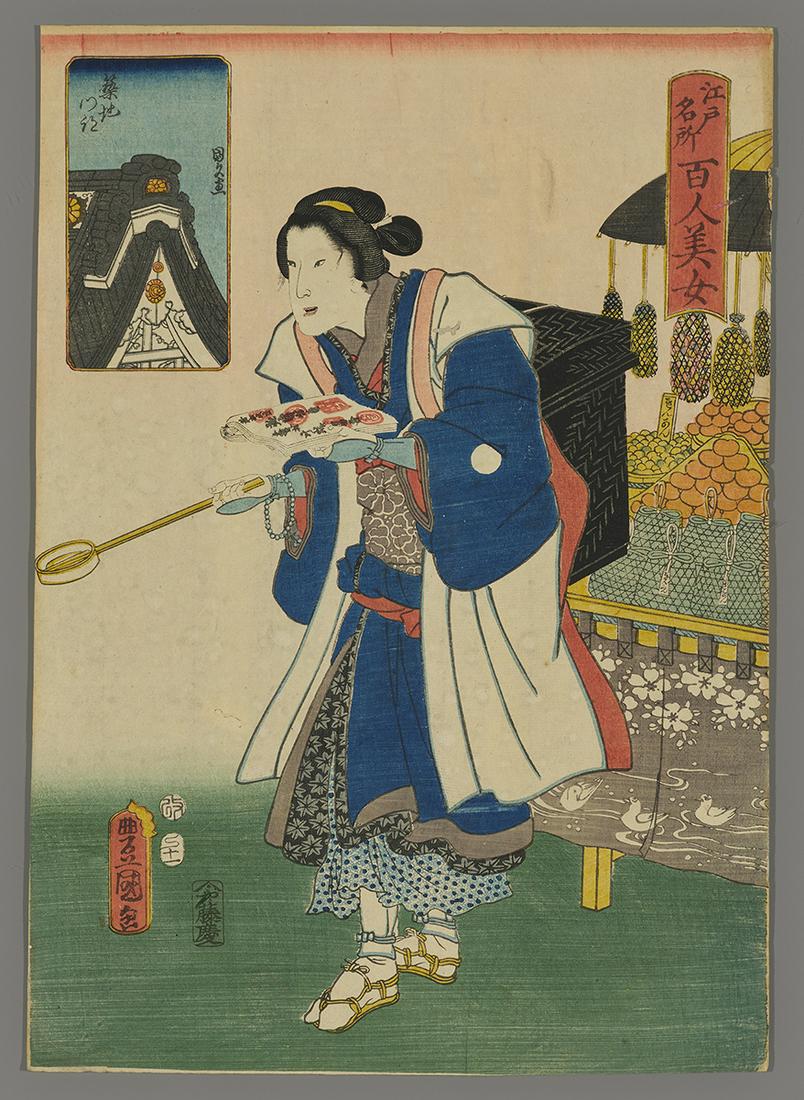 Toyokuni III Woodblock - Monzeki Temple in Tsukiji: Artist: Toyokuni III, Utagawa, 1786-1875 Title: The Monzeki Temple in Tsukiji Series: One Hundred Beautiful Women at Famous Places in Edo Date: 1857 Medium: Japanese woodblock print<