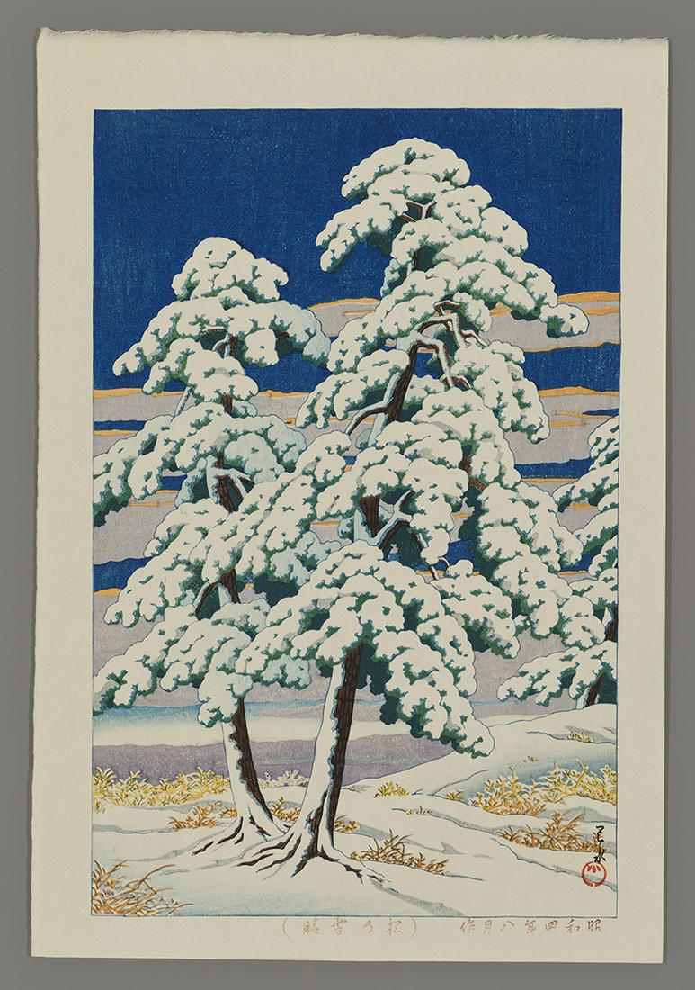 Hasui Woodblock - Clearing after a Snow in the Pines: Artist: Hasui, Kawase, 1883-1957 Title: Clearing after a Snow in the Pines Date: 1929 Medium: Japanese woodblock print Image Size: 14 3/8 x 9 3/8 inches Illustrated: Ha