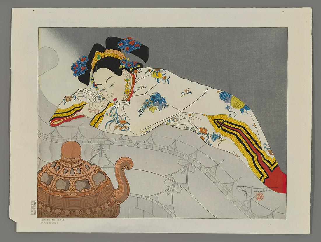 Jacoulet Japanese Woodblock Print - Fumees De Santal: Artist: Jacoulet, Paul, 1902-1960 Title: Fumees De Santal. Mandchoukuo Edition: PJ Seal Date: 1948 Medium: Japanese woodblock print Image Size: 11 7/8 x 15 1/2 inches