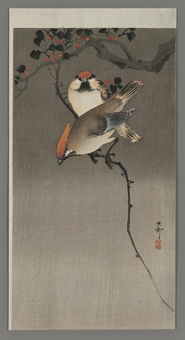 Ohara Koson Woodblock Print - Waxwings on Twig (1 of 2)