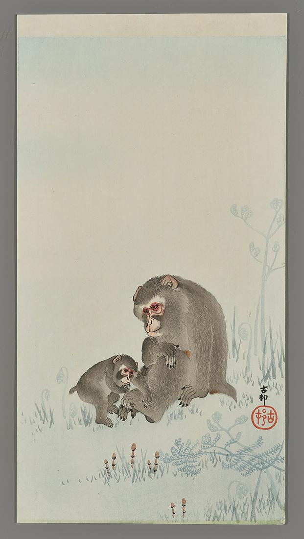 Ohara Koson Japanese Print - A Monkey and her Baby: Artist: Koson, Ohara, 1877-1945 Title: A Monkey and her Baby between Grasses Date: c. 1910 Medium: Japanese woodblock print Image Size: 13 5/8 x 7 1/2 inches Illustrated:</