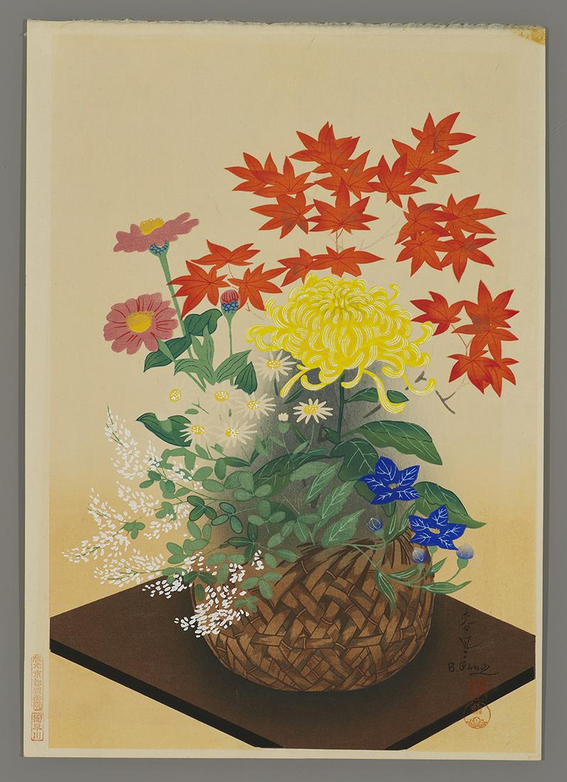 Ohno Bakufu Woodblock - Flowers In Bamboo Basket (1 of 2)