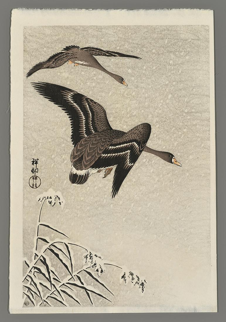Shoson Woodblock Print - White-fronted Geese in Snow (1 of 2)