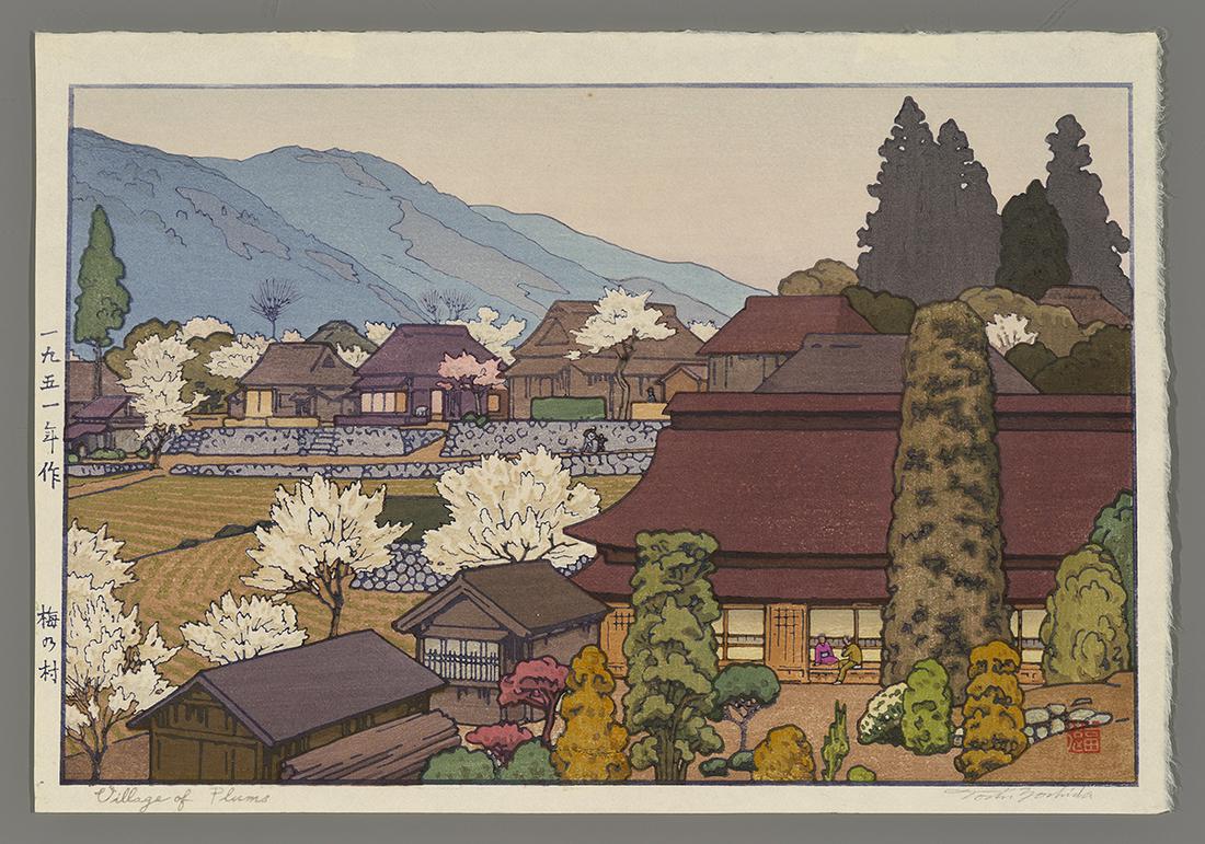 Toshi Yoshida Woodblock - Village of Plums: Artist: Yoshida, Toshi, 1911-1995 Title: Village of Plums Date: 1951 Medium: Japanese woodblock print Image Size: 9 5/8 x 14 5/8 inches Notes: Pencil signatureHig