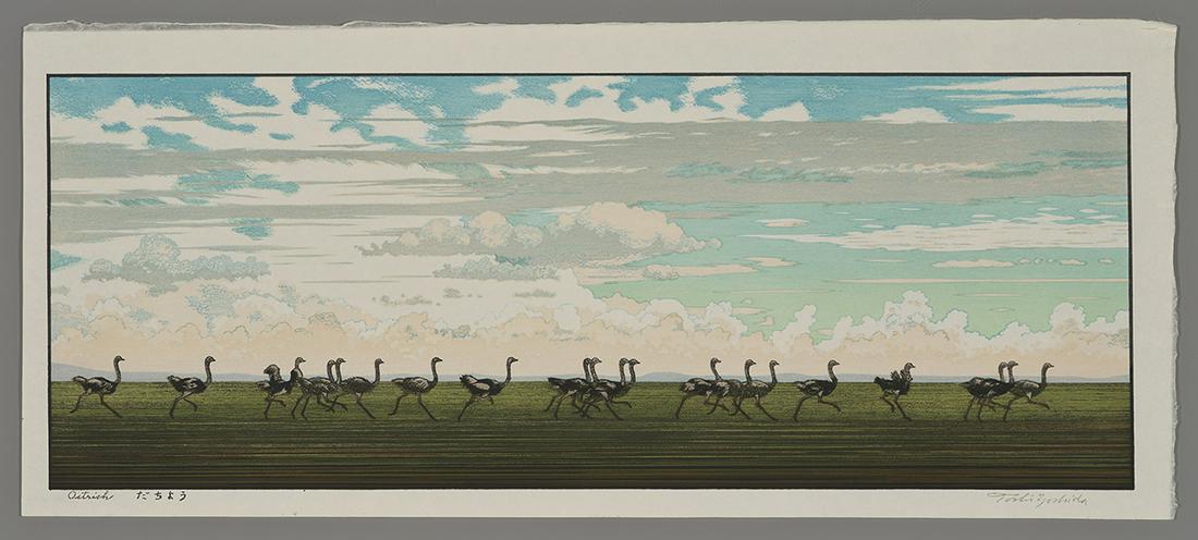 Toshi Yoshida Japanese Woodblock Print - Ostrich: Artist: Yoshida, Toshi, 1911-1995 Title: Ostrich Series: Raised Seal Edition Date: 1984 Medium: Japanese woodblock print Image Size: 9 1/8 x 23 1/2 inches No
