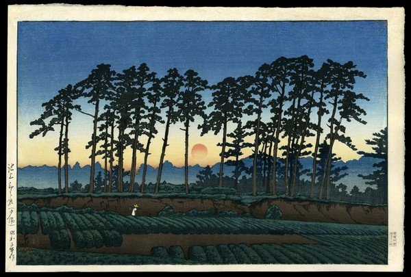 Kawase Hasui Woodblock: Title: Setting Sun, Ichinokura, Ikegami Artist: Hasui, Kawase, 1883-1957 Series: Twenty Views of Tokyo Date: 1928 Medium:<