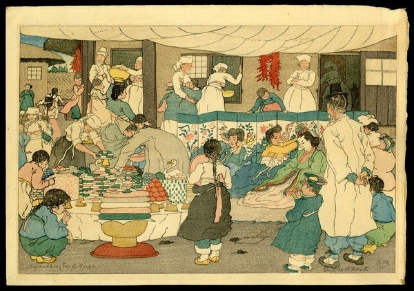 Elizabeth Keith Woodblock: Title: Country Wedding Feast, Korea Artist: Keith, Elizabeth, 1887-1956 Date: 1921 Medium: woodblock Dimensions: