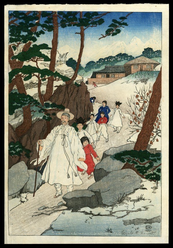 Elizabeth Keith Woodblock: Title: The Wonsan Scholar and His Disciples Artist: Keith, Elizabeth, 1887-1956 Date: 1921 Medium: woodblock Dimensions:</