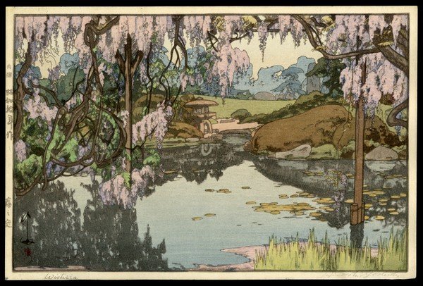 Hiroshi Yoshida Woodblock: Title: Wisteria Artist: Yoshida, Hiroshi, 1876-1950 Date: 1935 Medium: woodblock Dimensions: 9 1/2 x 14 1/2 inch