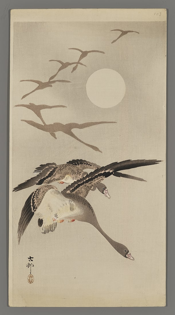 Koson Woodblock - Eight White Fronted Geese in Flight (1 of 2)