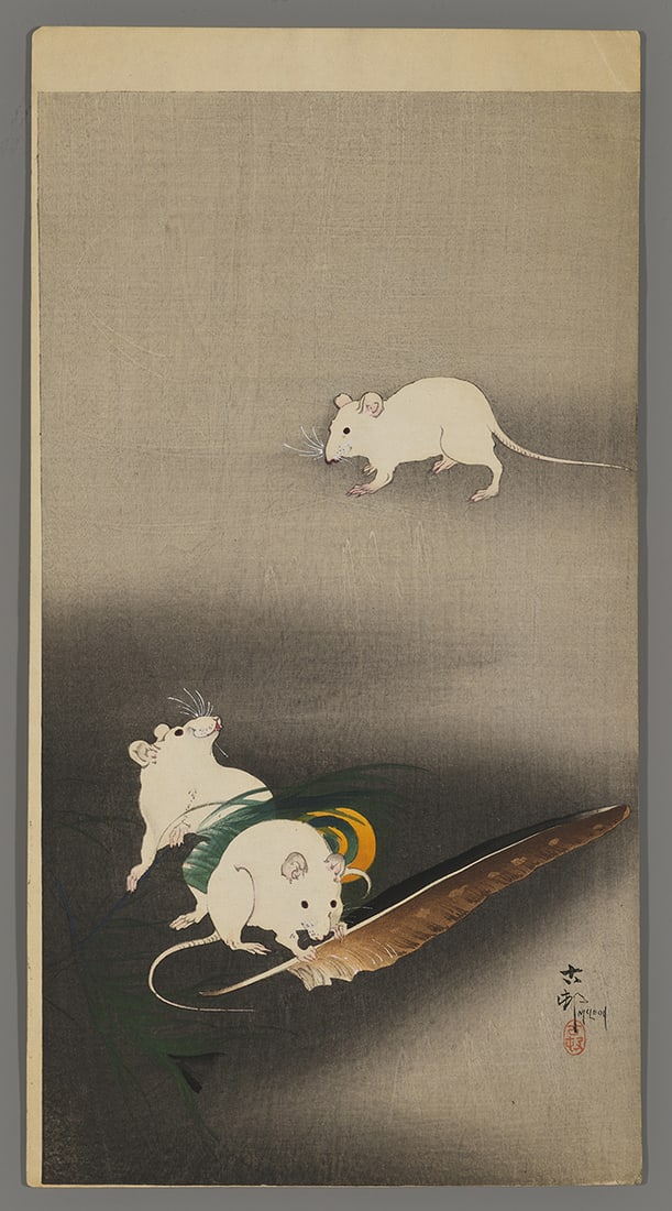 Ohara Koson Woodblock - Three Mice and Feather (1 of 2)