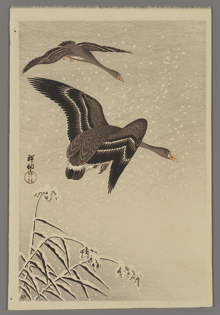 Ohara Shoson Woodblock - Two Geese Flying in Snow (1 of 2)