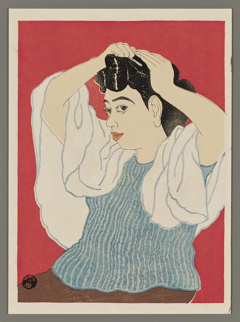 Tomikichiro Tokuriki Woodblock - Woman Combing her Hair: Artist: Tokuriki, Tomikichiro, 1902-2000 Title: Woman Combing her Hair Date: 1955 Medium: Japanese woodblock print Image Size: 12 7/8 x 9 3/8 inches Notes: