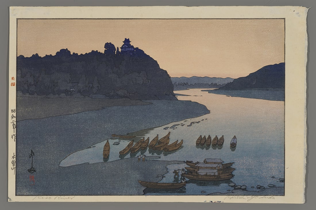 Hiroshi Yoshida Woodblock - Kiso River: Artist: Yoshida, Hiroshi, 1876-1950 Title: Kiso River Date: 1927 Medium: Japanese woodblock print Image Size: 9 3/4 x 14 3/4 inches Illustrated: Abe, pl. 85