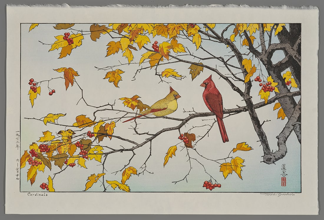 Toshi Yoshida Woodblock - Cardinals: Artist: Yoshida, Toshi, 1911-1995 Title: Cardinals Date: 1973 Medium: Japanese woodblock print Image Size: 11 7/8 x 19 5/8 inches Notes: Pencil signature Hig