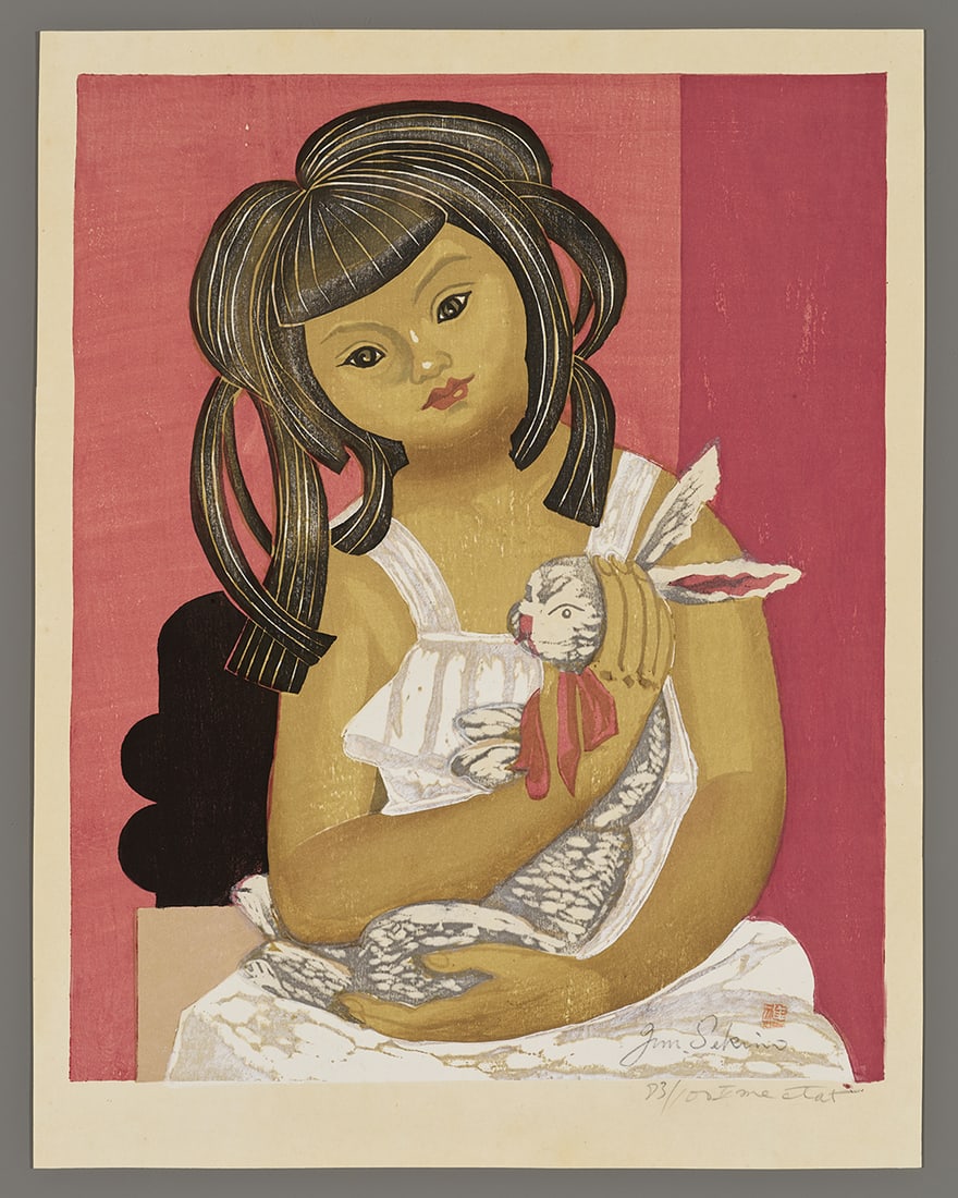 Jun'ichiro Sekino Woodblock - Girl and Rabbit (1 of 2)