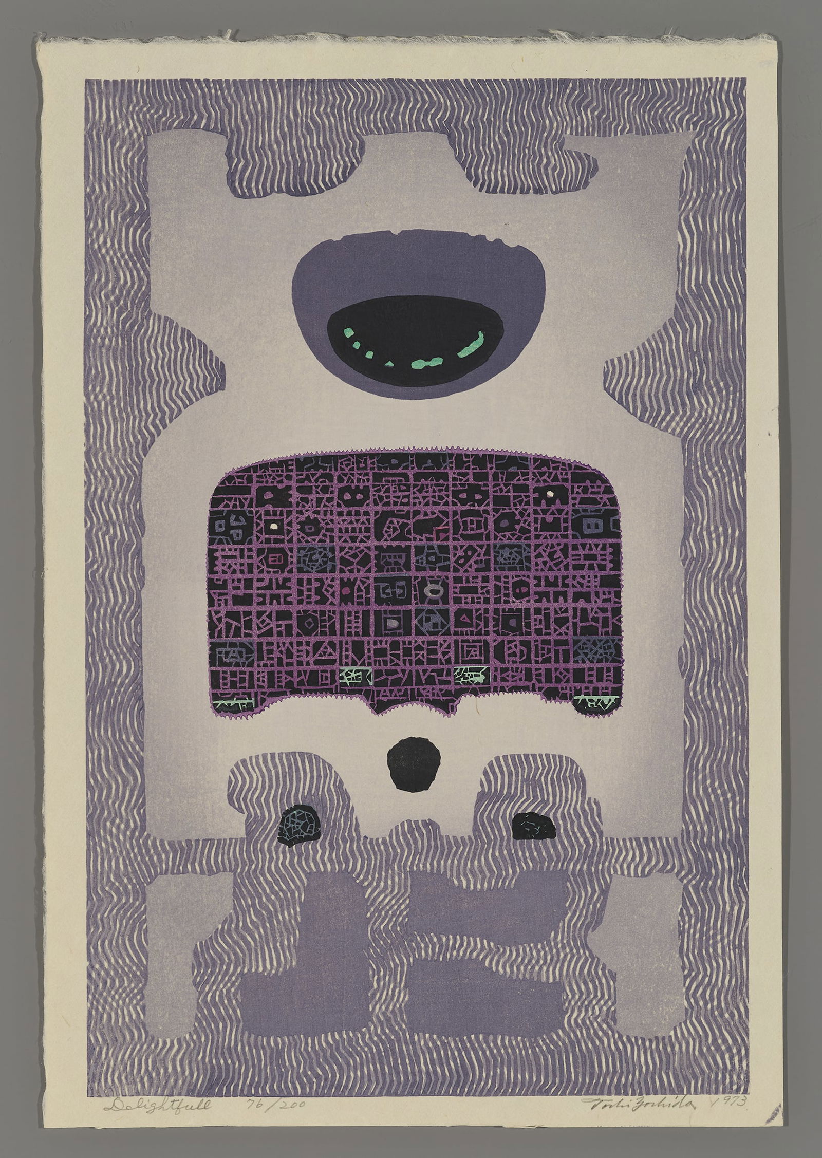 Toshi Yoshida Woodblock - Delightful: Artist: Yoshida, Toshi, 1911-1995 Title: Delightful Edition: 76/200 Date: 1973 Medium: Japanese woodblock print Image Size: 14 1/2 x 9 ½ inches Provenance:</