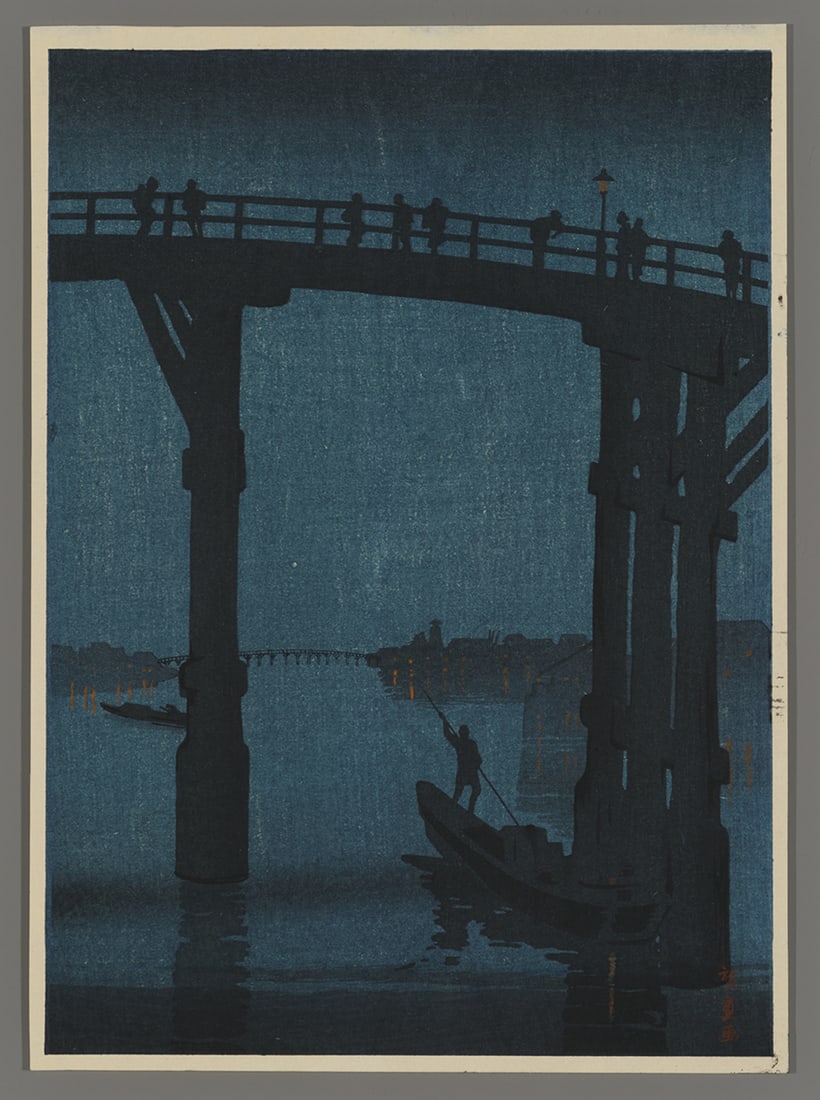 Kobayashi Eijiro Woodblock - A High Bridge by Night (1 of 2)