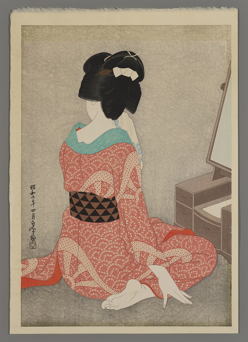 Hirano Hakuho Woodblock - Before the Mirror (1 of 2)