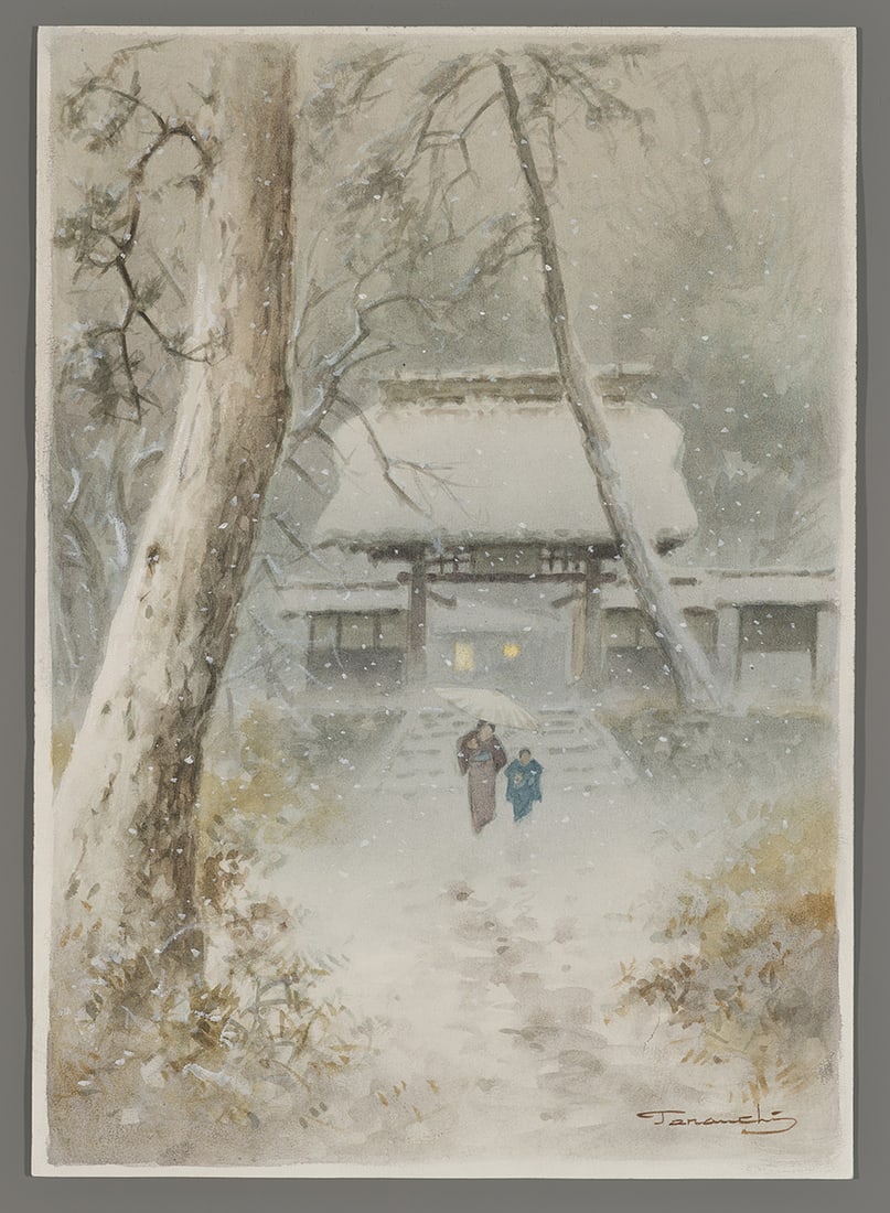 Fukutaro Terauchi Watercolor - Temple in Snow: Artist: Terauchi, Fukutaro, b. 1891 Title: Temple in Snow Date: undated Medium: watercolor Image Size: 16 3/4 x 11 7/8 inches Notes: Brush signature High re