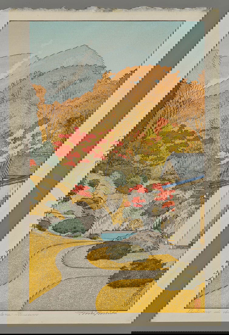 Toshi Yoshida Woodblock - Autumn in Hakone Museum: Artist: Yoshida, Toshi, 1911-1995 Title: Autumn in Hakone Museum Date: 1954 Medium: Japanese woodblock print Image Size: 14 3/4 x 8 7/8 inches Notes: Pencil signature