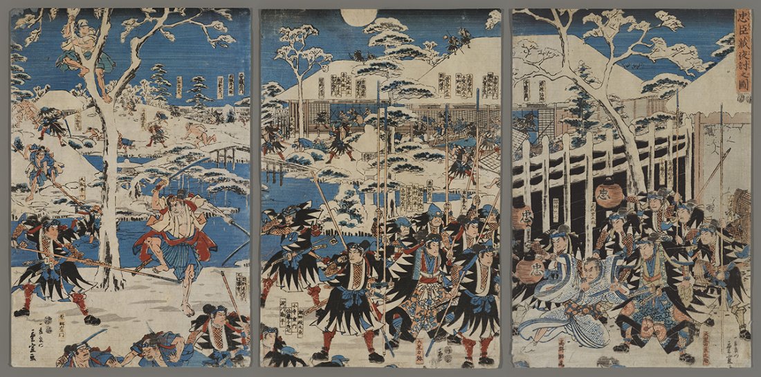 Hiroshige II Woodblock - Night Attack in Chushingura: Artist: Hiroshige II, Ando, 1829-1869 Title: The Night Attack in Chushingura Date: 1847-52 Medium: Japanese woodblock print Image Size: 14 1/4 x 28 1/4 inches Notes: Di