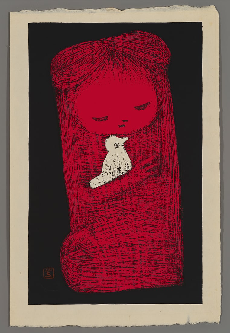 Kaoru Kawano Woodblock - Girl and Dove (1 of 2)