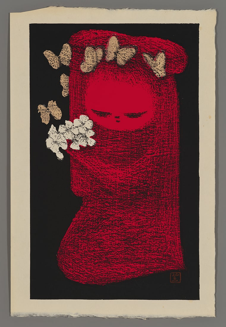 Kaoru Kawano Woodblock - Girl with Butterflies and Flowers (1 of 2)