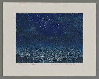 Hajime Namiki Woodblock - Tree Scene 7: Artist: Namiki, Hajime, b. 1947 Title: Tree Scene 7 Edition: 279/300 Date: 1993 Medium: Japanese woodblock print Image Size: 6 3/4 x 9 1/8 inches Notes: Pencil signature; metallic pigments High