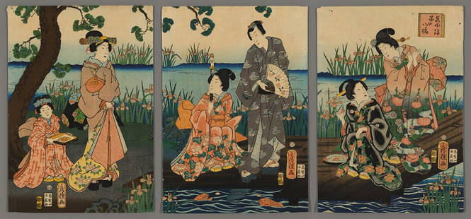 Fusatane Woodblock - Genji at the Yatsu Bridge: Artist: Fusatane, Utagawa, active 1854-88 Title: The Shining Prince with Companions at the Yatsu Bridge Series: Related Flowers of the Eight Bridges Date: 1860 Medium: Japanese woodblock print Image