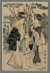 Utamaro Woodblock - Two Courtesans and an Attendant: Artist: Utamaro, Kitagawa, 1750-1806 Title: Two Courtesans and an Attendant Date: c. 1800 Medium: Japanese woodblock print Image Size: 12 7/8 x 8 1/2 inches Notes: