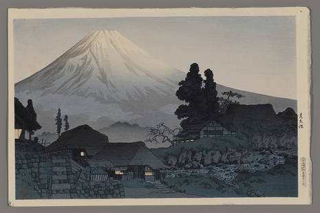 Shotei Hiroaki Woodblock - Fuji From Mizukubo: Artist: Hiroaki, Shotei, 1871-1945 Title: Fuji From Mizukubo Date: 1935 Medium: Japanese woodblock print Image Size: 9 1/4 x 14 1/2 inches Illustrated: Shotei.com, pl. O-17 Notes: Published by The S.