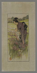 Helen Hyde Woodblock - A Day in June: Artist: Hyde, Helen, 1868-1919 Title: A Day in June Date: 1910 Medium: Japanese woodblock print Image Size: 14 5/8 x 6 5/8 inches Illustrated: Hyde, pl. 85 and front co