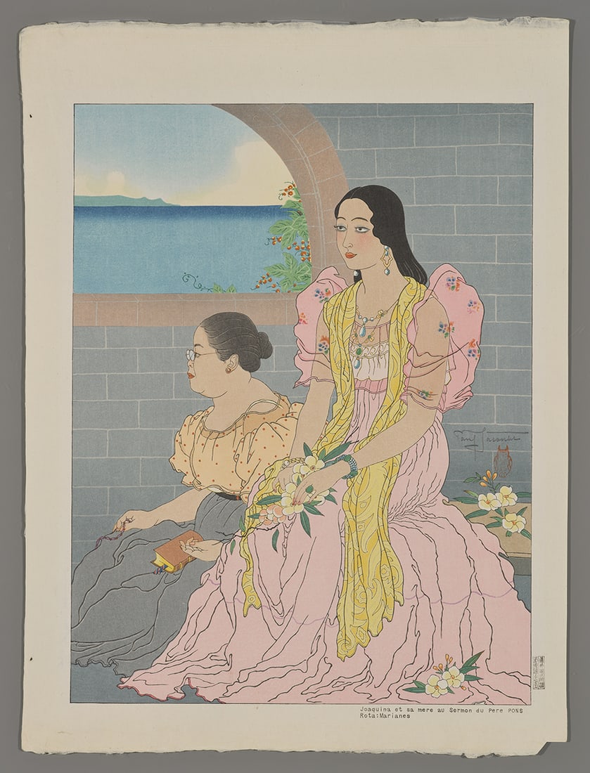 Paul Jacoulet Woodblock - Joaquina et Sa Mere: Artist: Jacoulet, Paul, 1902-1960 Title: Joaquina et Sa Mere au Sermon du Pere Pons. Rota, Marianes Edition: 135/250 Date: 1947 Medium: Japanese woodblock print Image Size: