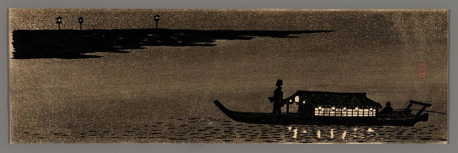 Uehara Konen Woodblock - Evening Pleasure Boat: Artist: Konen, Uehara, 1878-1940 Title: Evening Pleasure Boat Date: 1928 Medium: Japanese woodblock print Image Size: 5 5/8 x 14 7/8 inches Notes: High res