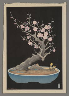 Lilian Miller Woodblock - Japanese Dwarf Plum Tree: Artist: Miller, Lilian May, 1895-1943 Title: Japanese Dwarf Plum Tree A (black background) Date: 1928 Medium: Japanese woodblock print Image Size: 14 3/8 x 9 5/8 inches Ill